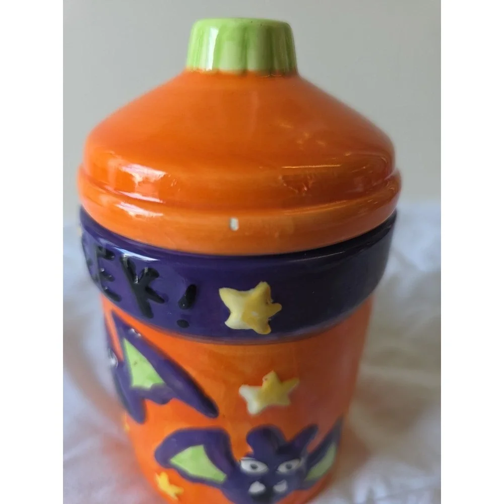 Trick Or Treat Small Lidded Candy Jar Canister Purple Bats Halloween‎